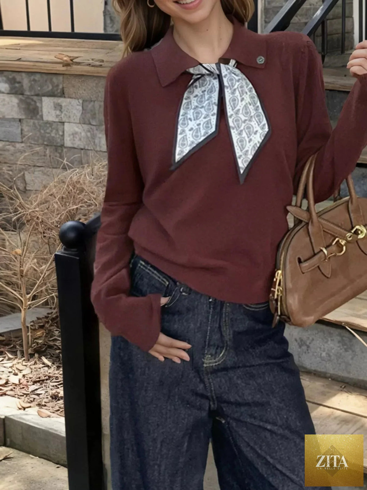 Scarf-Accented Long Sleeve Sweater