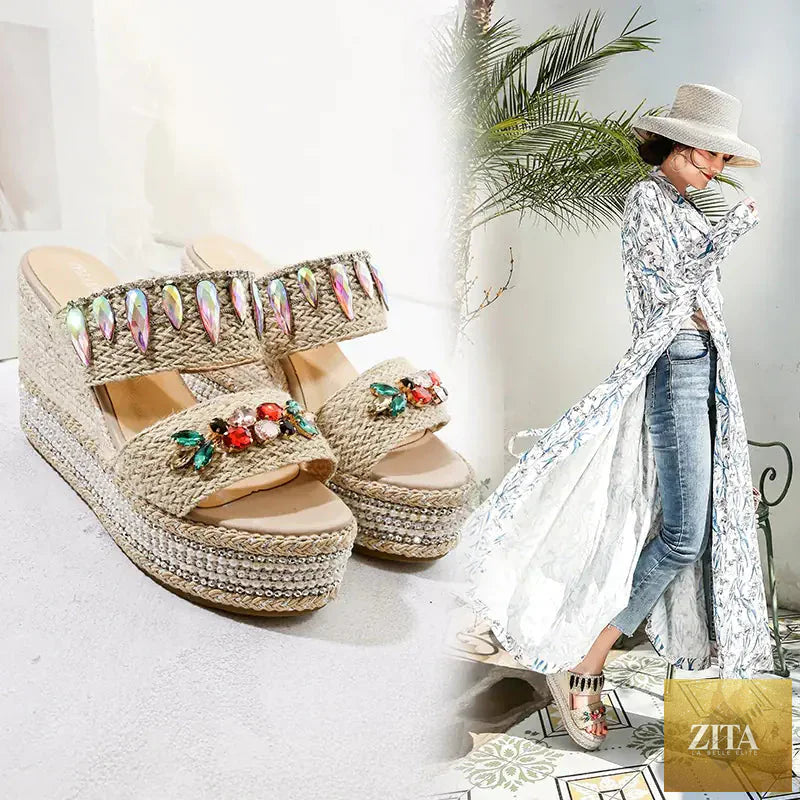 Women diamond platform wedge heel sandals by Trendy Attic Store01 featuring stylish slip-on slippers with sparkling diamond accents.