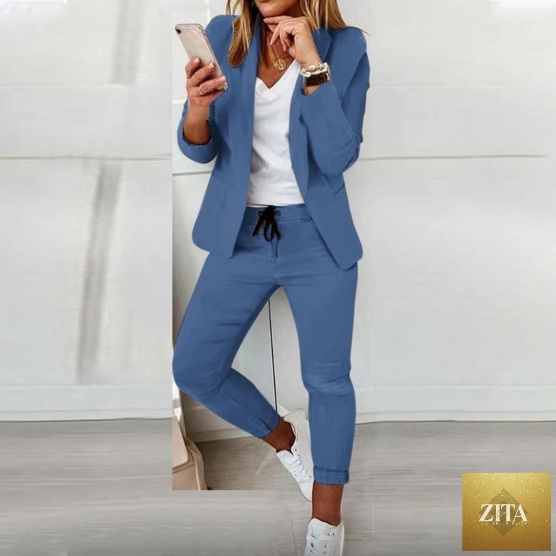 Women’s casualwear blazer and drawstring pants suit set by FitiqueFit, featuring a notch-lapel blazer and matching relaxed pants.