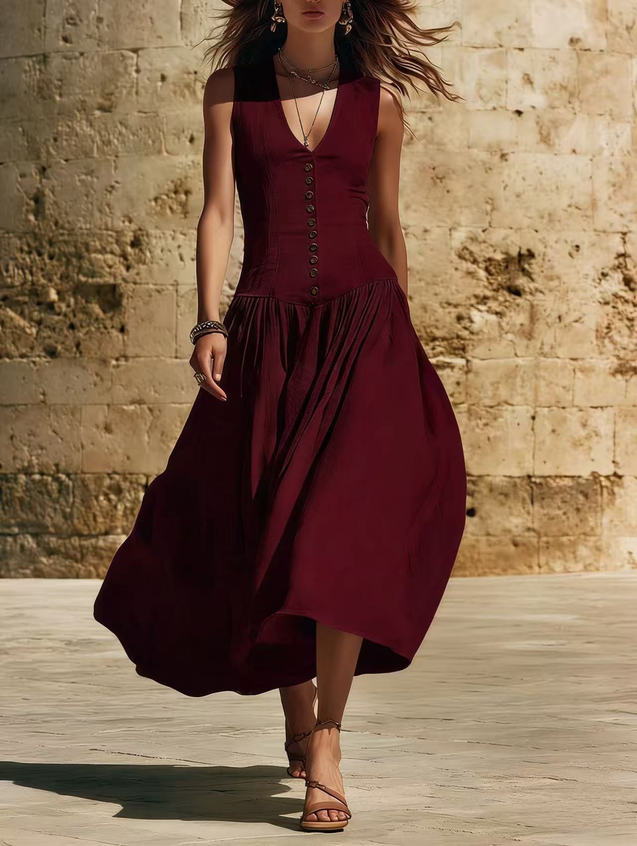 Sleeveless V-Neck Button Dress – Elegant Cotton-Linen Maxi Dress