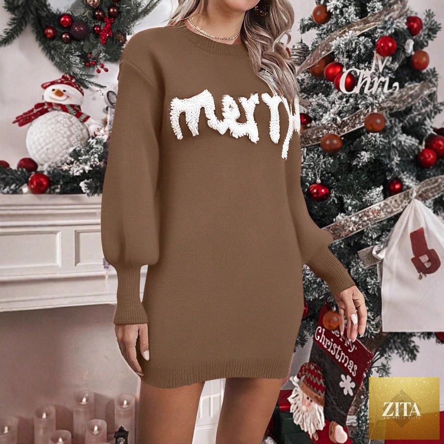 Women’s Christmas knitted round neck lantern-sleeve pullover sheath by FitiqueFit, featuring festive red and white knit fabric.