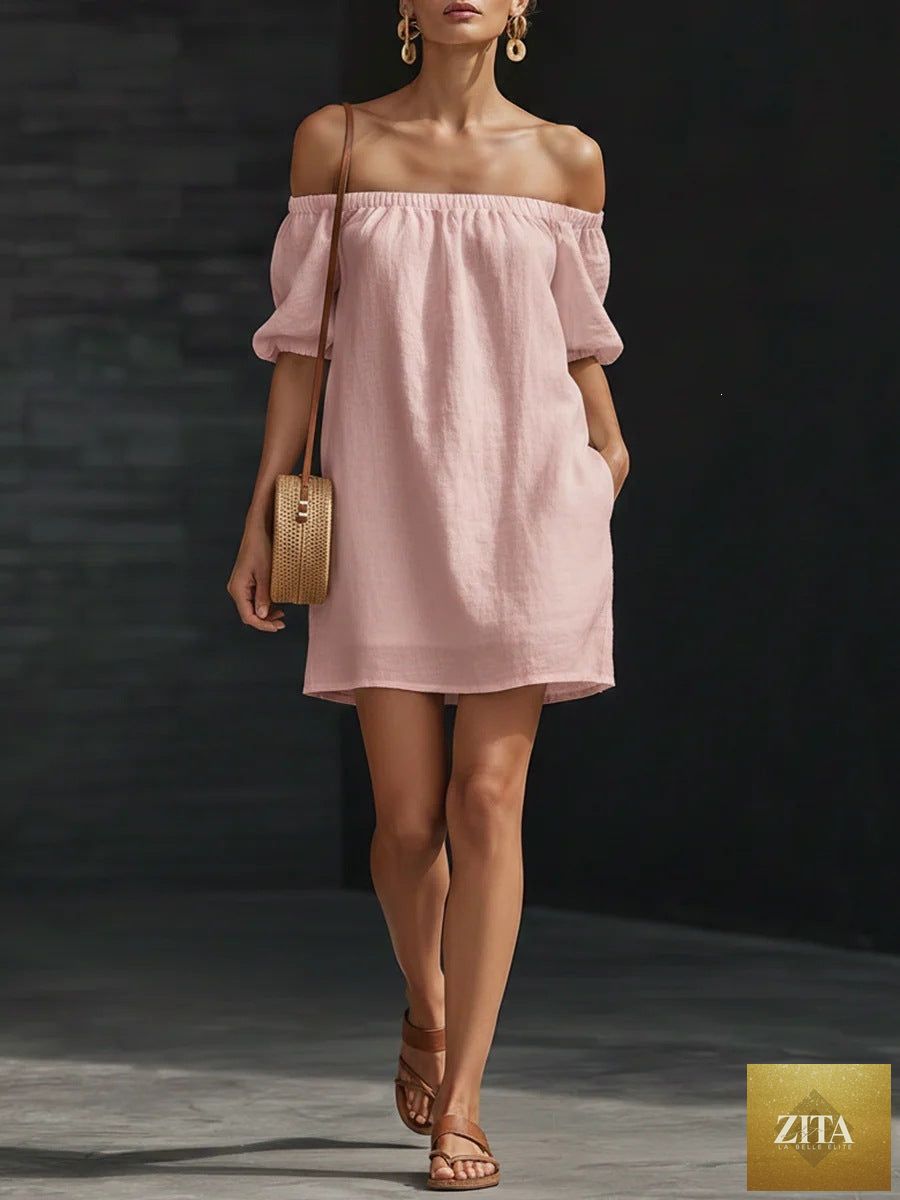 Women's cotton-linen off-shoulder puff-sleeve mini dress by FitiqueFit, casualwear, shown in a loose fit style.