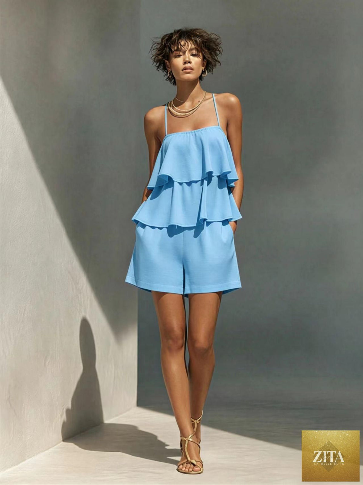 Women's multi-layer ruffle camisole and shorts set by Zita La Belle Elite, casualwear, featuring a stylish ruffled top and matching shorts.