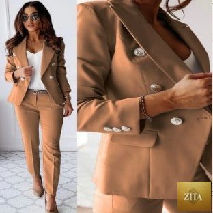 FitiqueFit double-breasted blazer and zip-up trousers two-piece suit displayed on a model, showcasing stylish, tailored office wear.