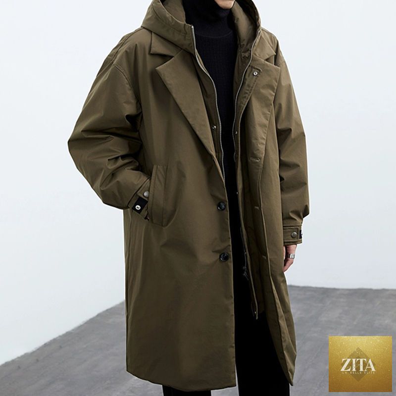 Men's hooded mid-length trench coat by LadyShow.Store featuring a false two-piece design and stylish, casual outerwear.