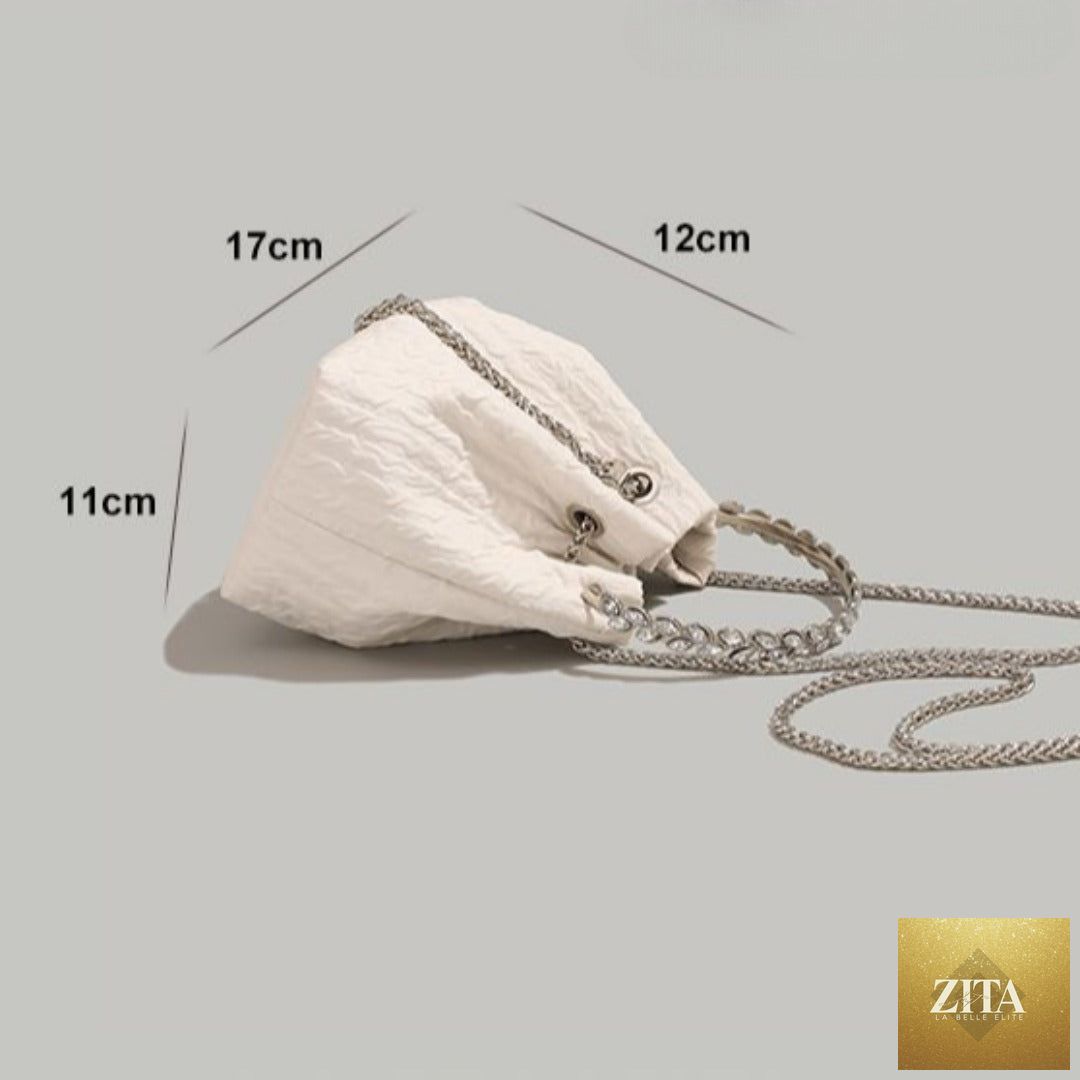 Shomicoboutique women's nude rhinestone chain evening bag with drawstring, bucket style clutch for parties and prom events