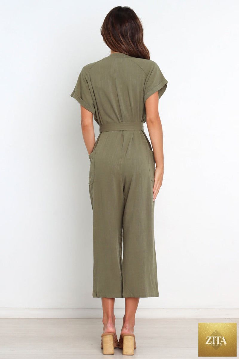 Women's V-neck cropped wide-leg knit jumpsuit by Zita La Belle Elite, casualwear with a stylish V-neck and comfortable wide-leg fit.