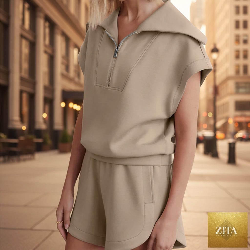 FitiqueFit Half-Zip Lapel Sweatshirt and Shorts two-piece set in various colors, featuring a relaxed fit and comfortable fabric.