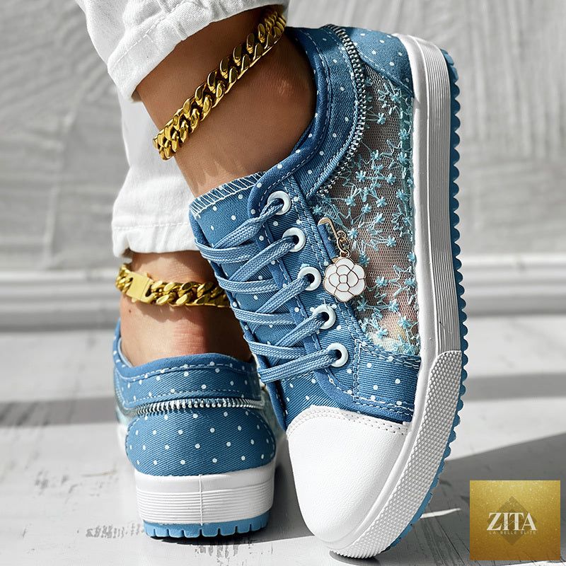 Women's floral embroidered polka dot print sneakers by FitiqueFit, casual canvas shoes with colorful floral embroidery and polka dots.