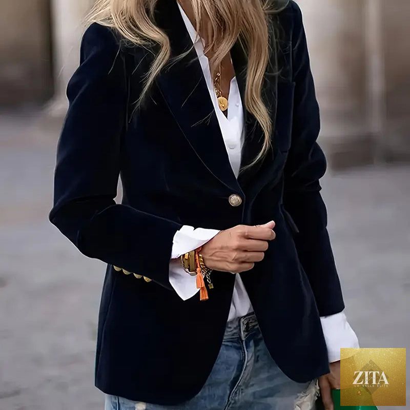 Women’s slim-fit notch-lapel blazer by FitiqueFit, casualwear style, shown in a tailored 3D image with structured lapels and sleek fit.