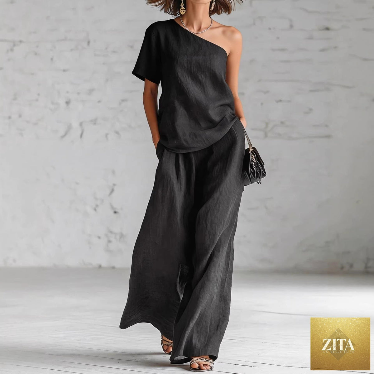 Zita La Belle Elite women's casual wide-leg pants and top set with three-quarter sleeves, stylish and comfortable 2-piece outfit.