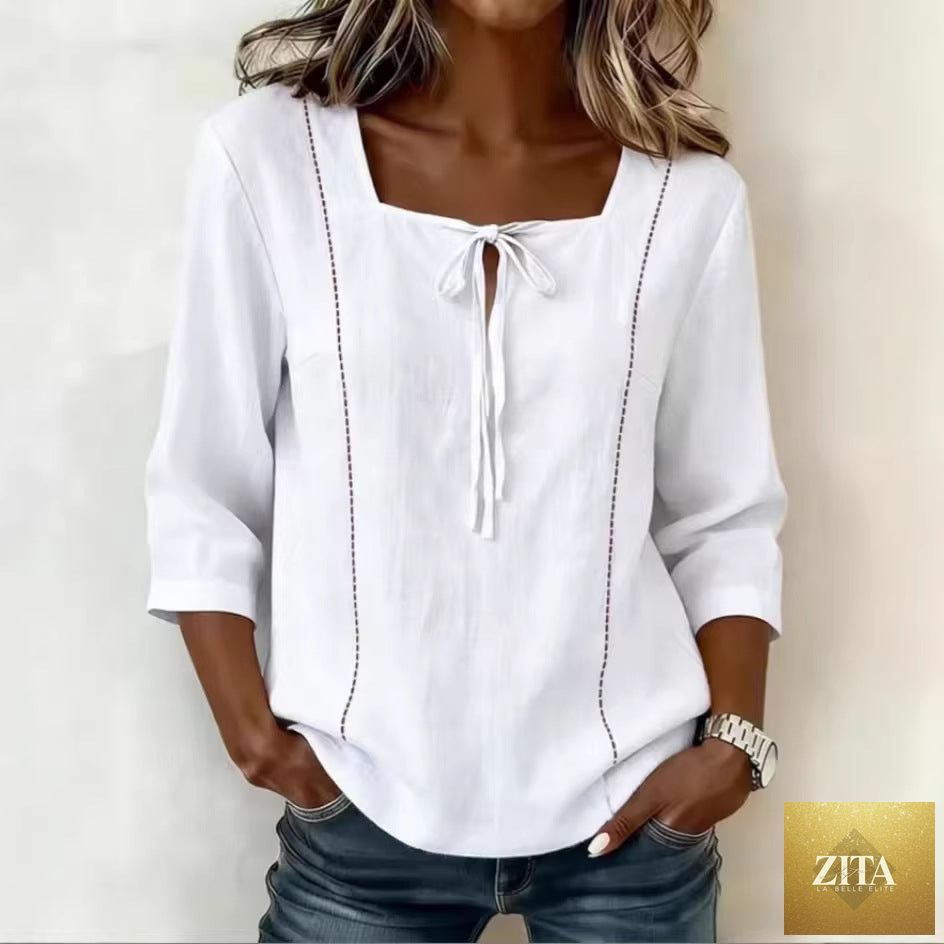 Printed lace-up square-neck shirt with three-quarter sleeves in ramie fabric, casualwear by Zita La Belle Elite.