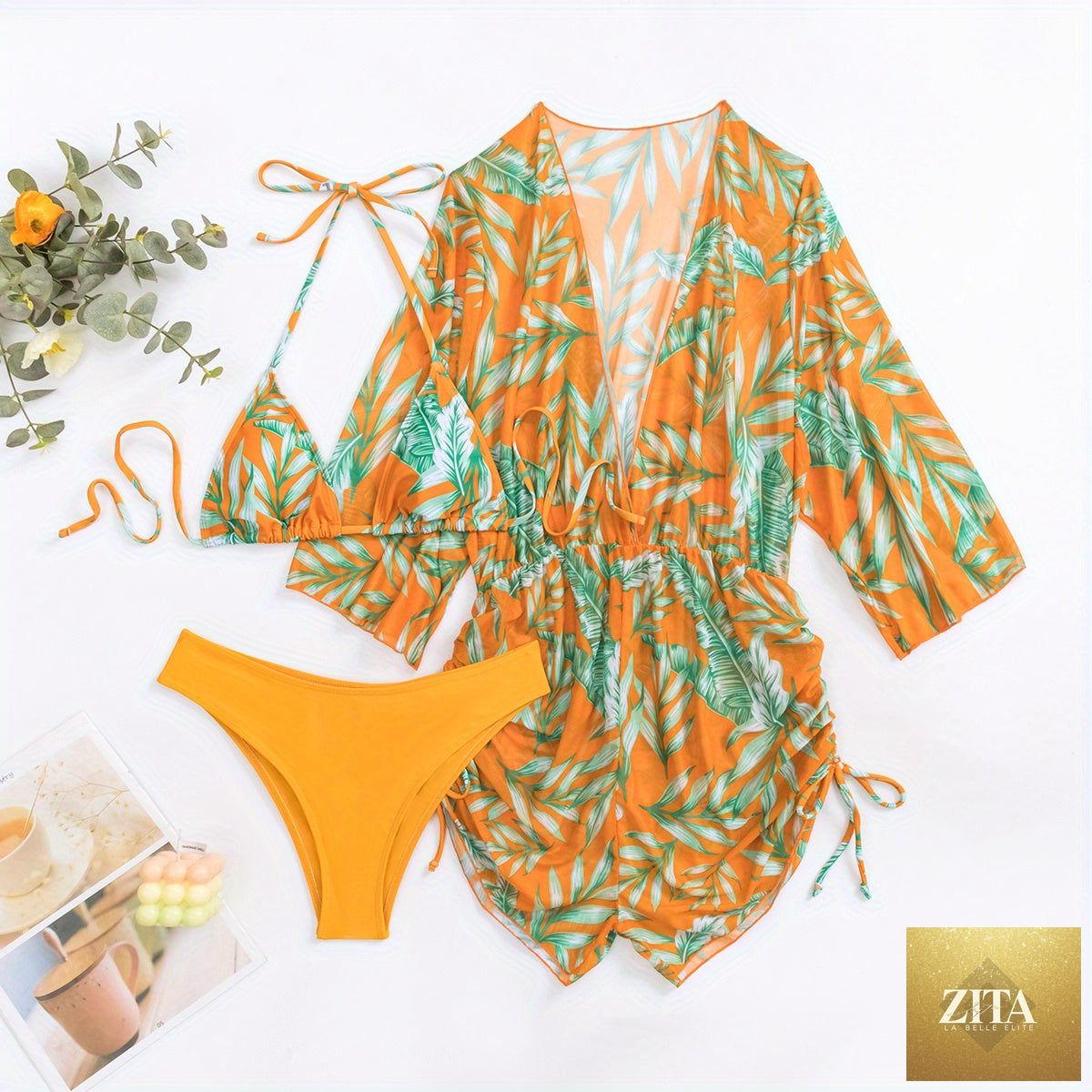 Stevvex Island Bloom 3-piece bikini set for women with tropical leaf print, high waist bottoms, halter top, and matching cover-up.