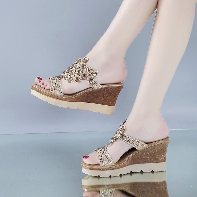 Women rhinestone platform sandals with heels featuring sparkling embellishments, stylish slip-on design, and open toe.