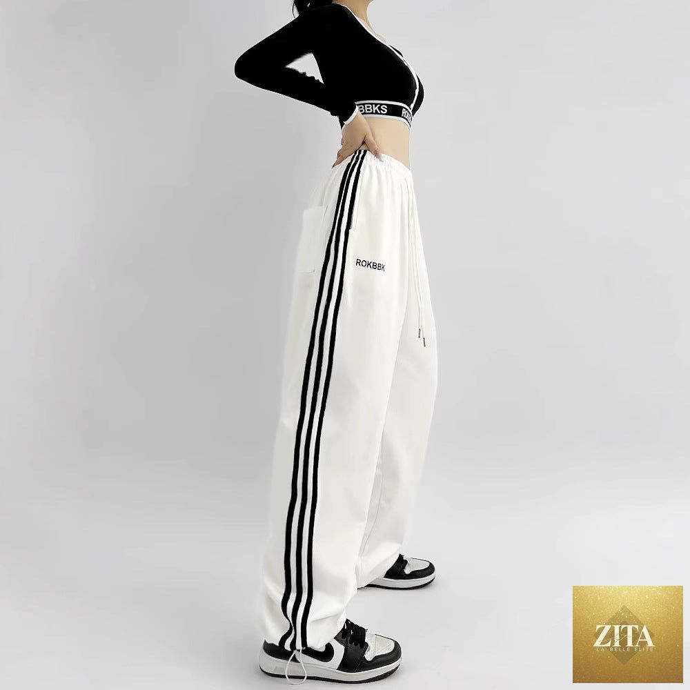 Zita La Belle Elite embroidered patchwork wide-leg athletic sweatpants in three colors, showcasing stylish activewear design.