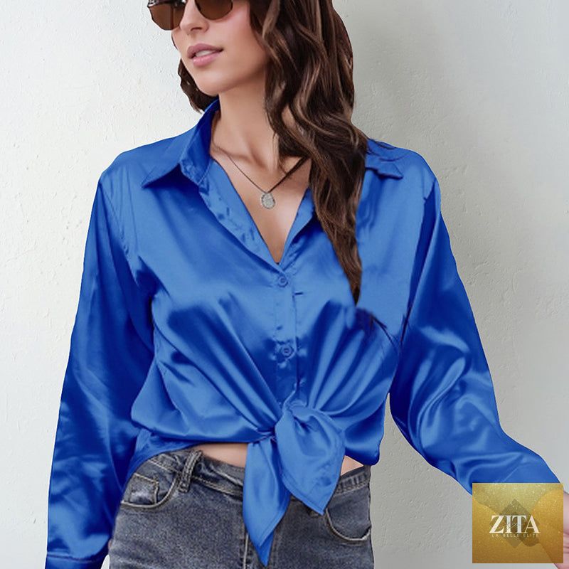 Women’s satin lapel button-down blouse by FitiqueFit, featuring a relaxed fit with a smooth satin finish and classic collar detail.