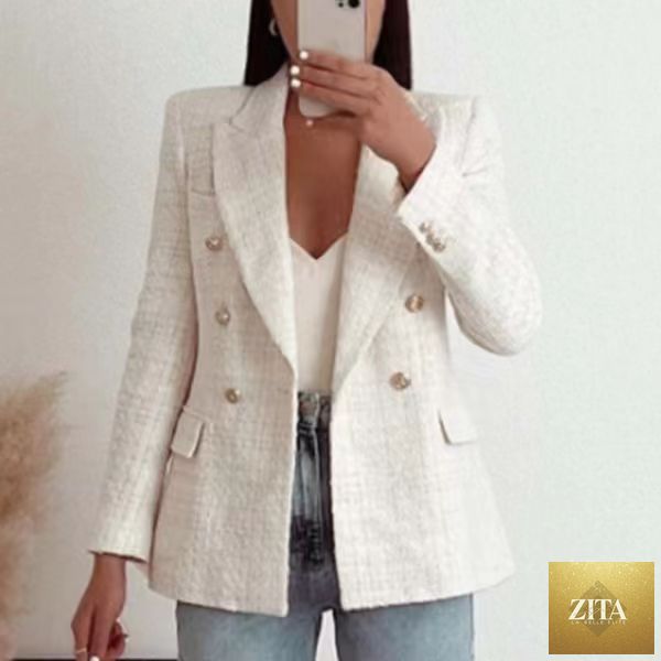 Textured double-breasted blazer for women, urban casual style by Sell My Stuff, featuring structured design and tailored fit.