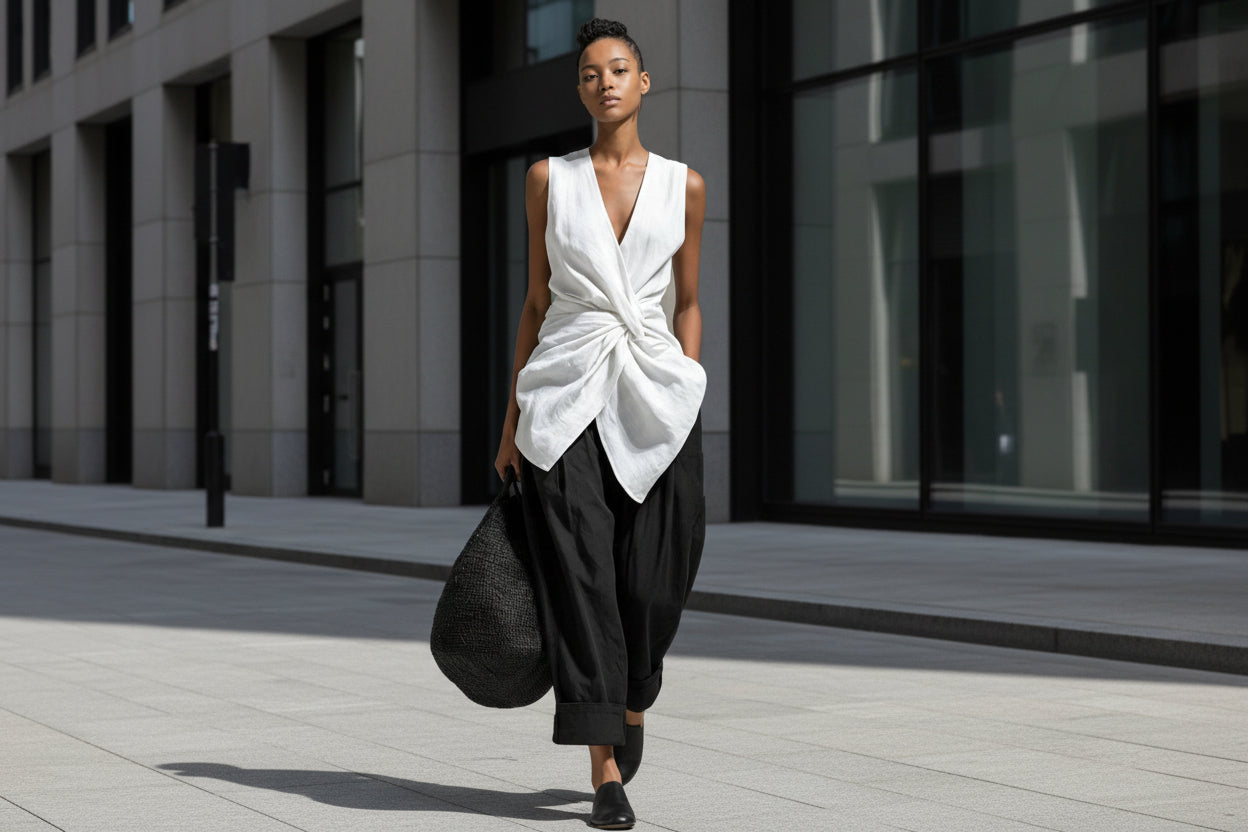 Women's casual tie-front V-neck sleeveless top and wide-leg pants set by FitiqueFit, shown in a relaxed, stylish outfit.