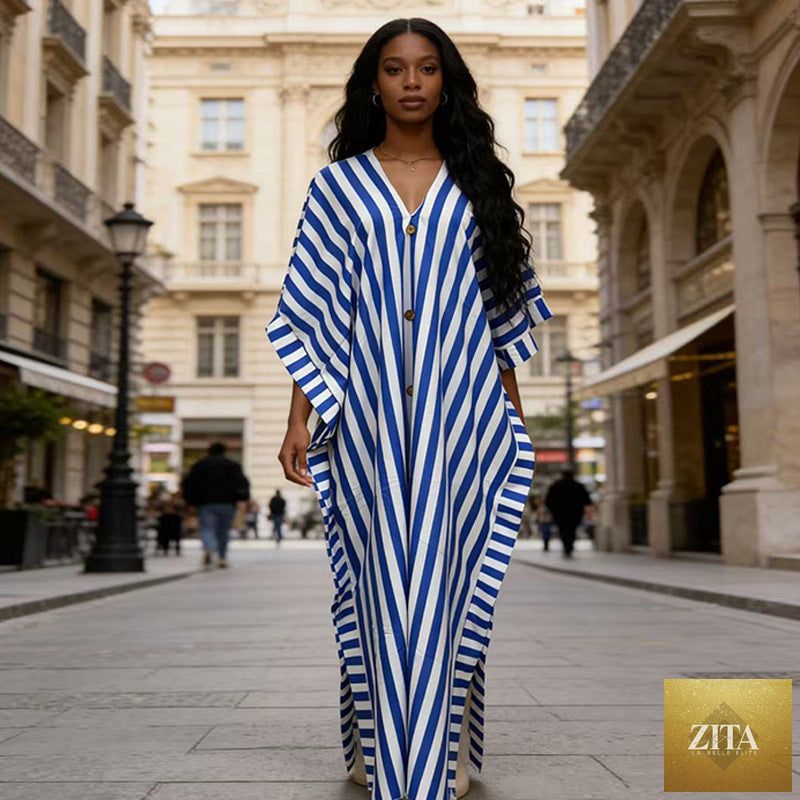 African-inspired striped loose long dress by FitiqueFit in five colors, featuring a relaxed fit and flowing fabric.