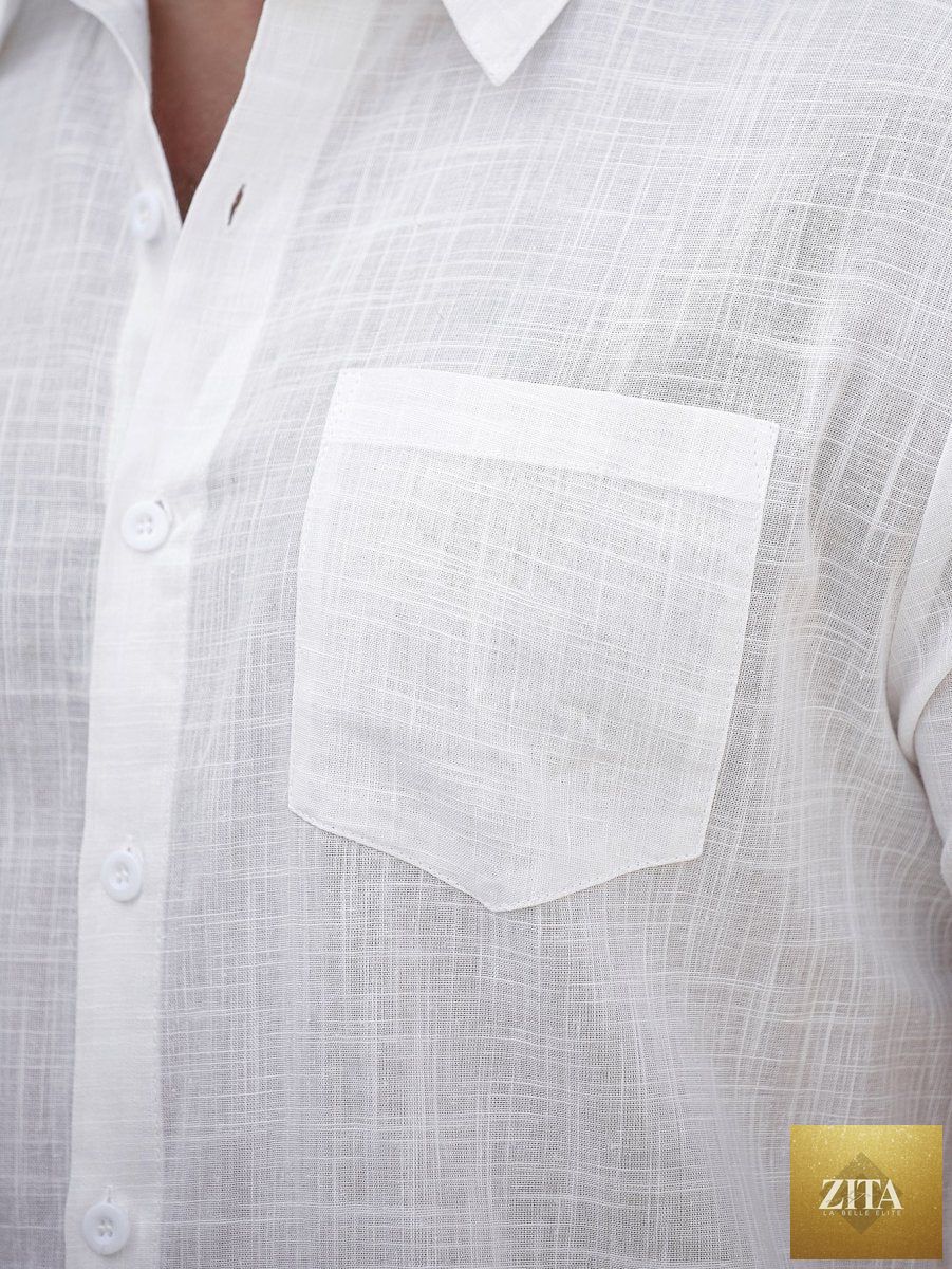 Mandotos men's short-sleeve cotton shirt with front pocket, lightweight and casual for everyday wear.