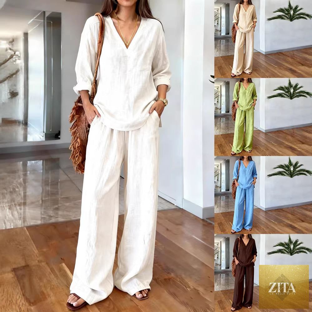 FitiqueFit long sleeve top and full-length pants two-piece set in various colors, displayed on a model.