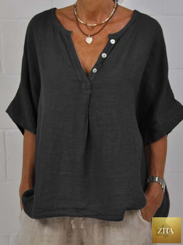 Women's cotton linen V-neck button-up shirt by Zita La Belle Elite, casualwear, light fabric, with buttons and V-neck detail.