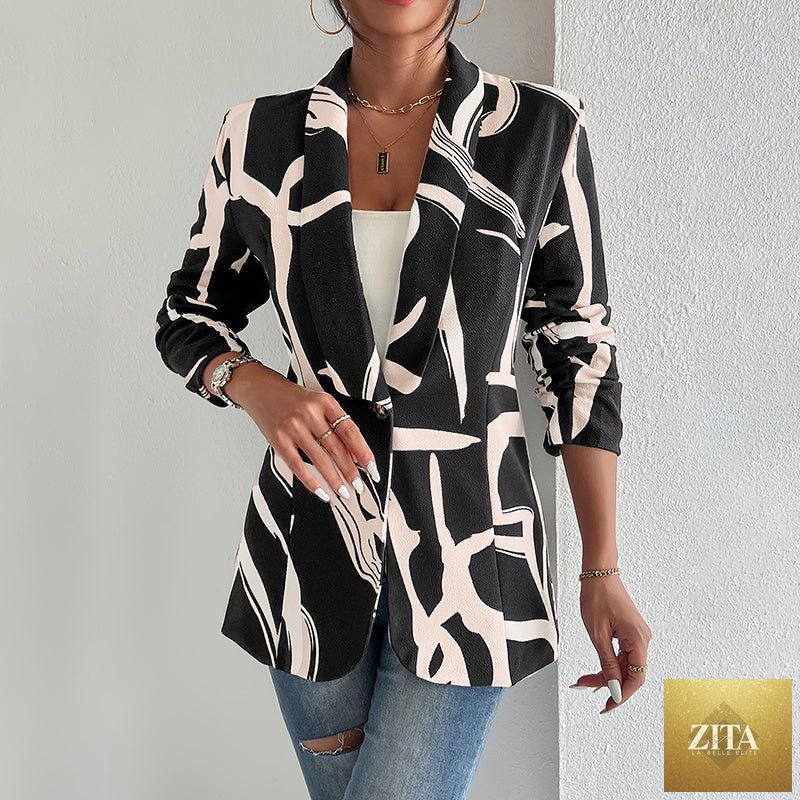 Women's abstract print blazer by FitiqueFit, long sleeve casual work jacket with stylish button front and modern design.