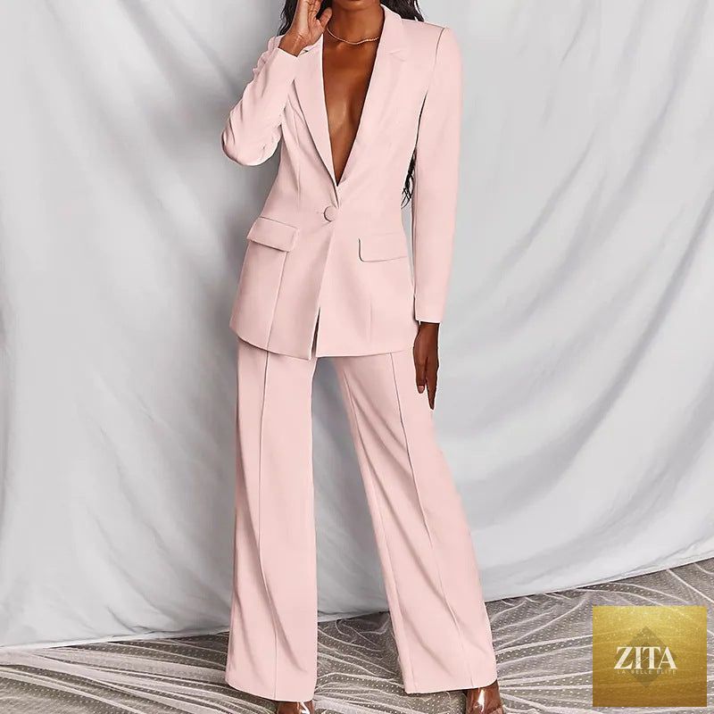 FitiqueFit lapel button-down blazer and straight-leg trousers two-piece suit set, shown in a professional, tailored style.
