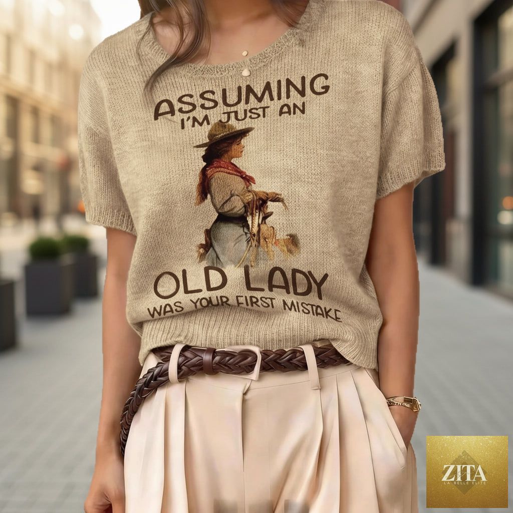 Women's retro short-sleeve jacquard knit top by Zita La Belle Elite, casualwear, featuring intricate woven pattern and classic fit.