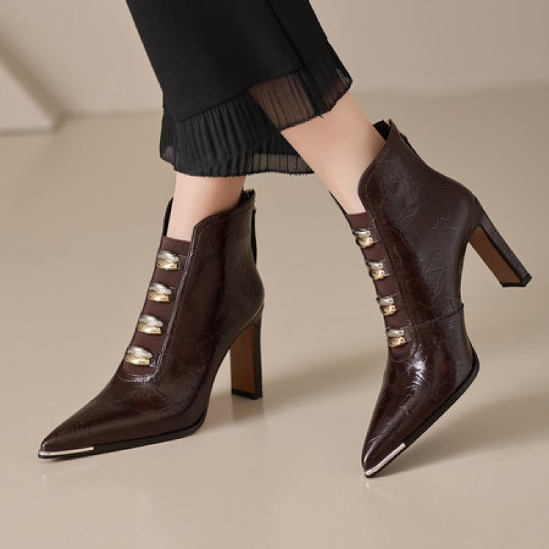 Women's satin pointed toe chunky heel short boots by FitiqueFit featuring a sleek design and ultra high heel.