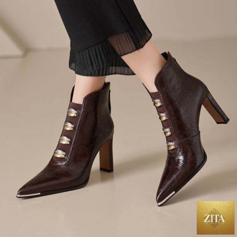 Women's satin pointed toe chunky heel short boots by FitiqueFit, featuring an ultra high heel and sleek satin finish.