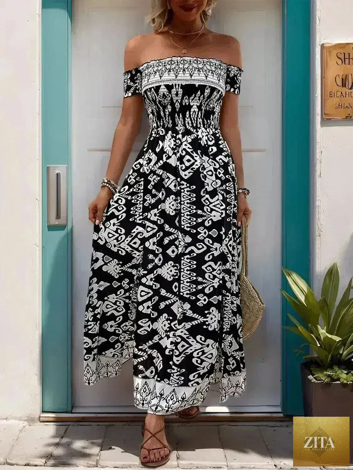 Femstylo off-shoulder slit dress for women, flowy viscose fabric with a stylish, relaxed fit and elegant design.
