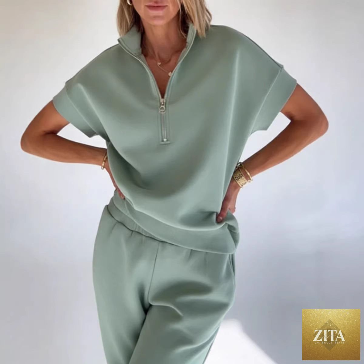 Zita La Belle Elite athleisure knit 3/4 sleeve t-shirt and pants set in three colors, casualwear for S to 3XL.