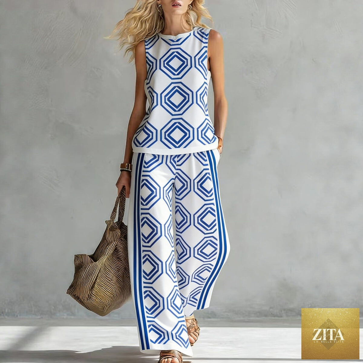 Zita La Belle Elite women's sleeveless printed tank top and wide-leg pants two-piece casualwear set, featuring vibrant patterns.