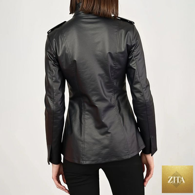 Vintage style PU jacket by FitiqueFit, mid-length open leather cardigan with pockets, featuring a classic retro design.