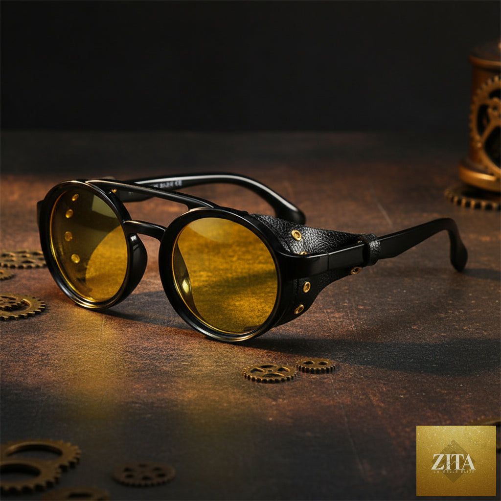 Retro round leather frame sunglasses by FitiqueFit, vintage eyewear with classic leather accents and round lenses.