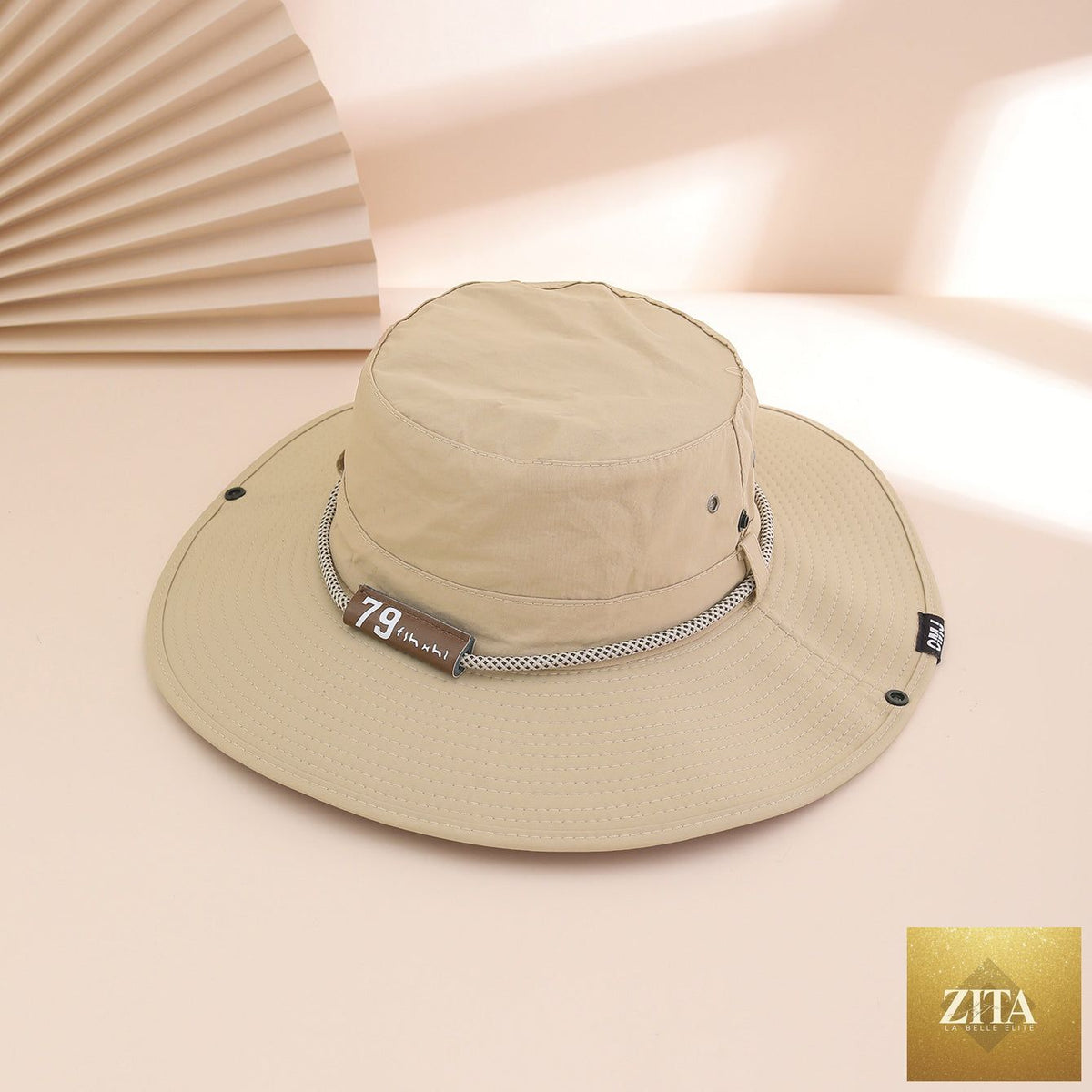 Zita La Belle Elite wide-brim leather patch fisherman hat with UV sun protection, outdoor hat, stylish and functional headwear.