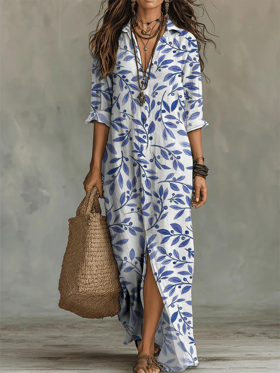Digital print lapel midi shirt dress by FitiqueFit in five colors, featuring casualwear style, with a front button and midi length.