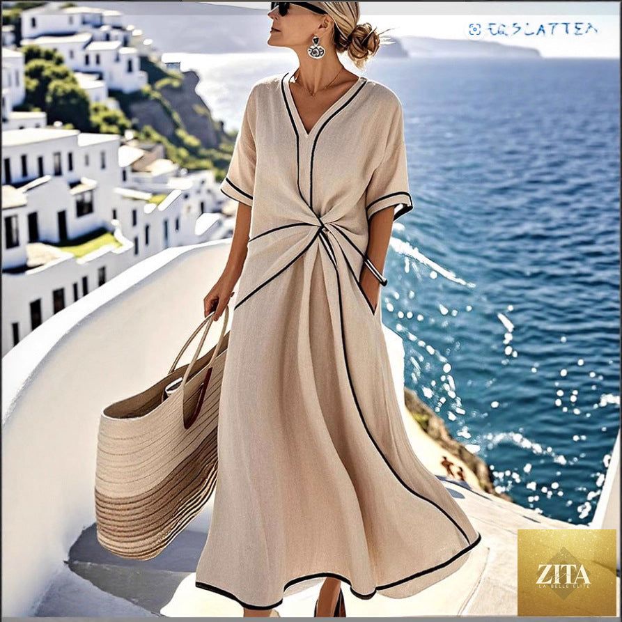 Zita La Belle Elite striped print maxi dress with short sleeves, perfect for beach vacation, flowing fabric, and casual elegance.