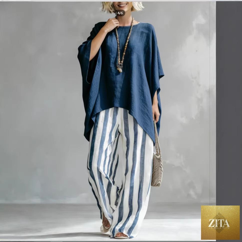 Women's striped batwing-sleeve linen two-piece set by Zita La Belle Elite, featuring a loose fit and casual style.