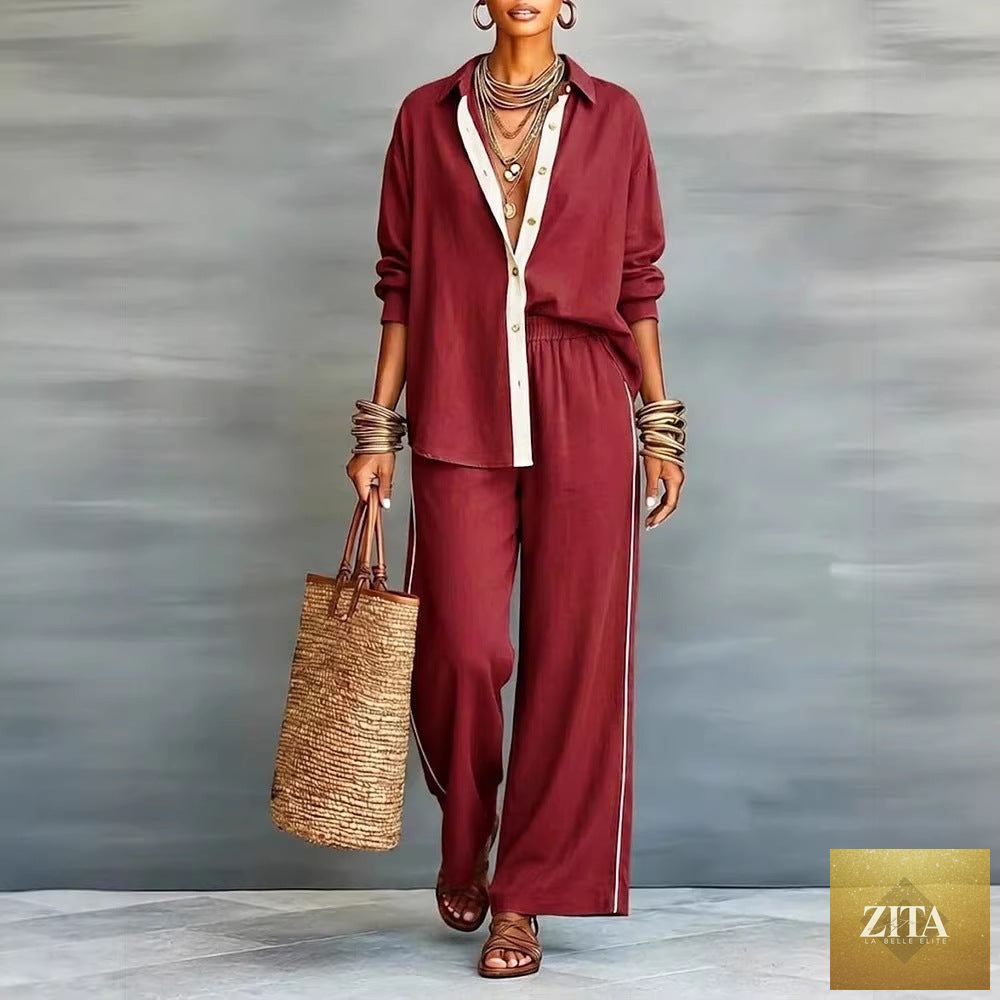 Zita La Belle Elite contrast-color long-sleeve shirt and matching pants set, casualwear, shown in a stylish two-piece outfit.
