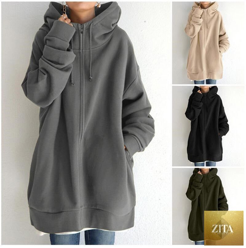 Loose oversized women’s hooded coat with long sleeves, zipper front, tie collar, velvet fabric, suitable for autumn, by Social Buzz eSIMs.