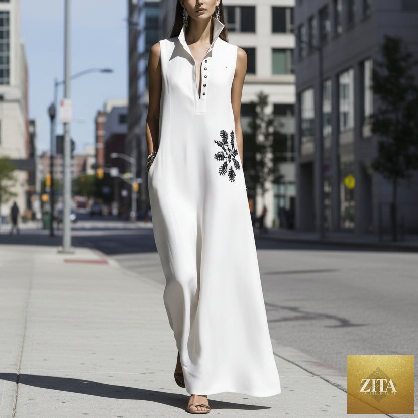 Women's cotton linen maxi dress with mandarin collar, graphic print, and pockets from FitiqueFit casualwear collection.