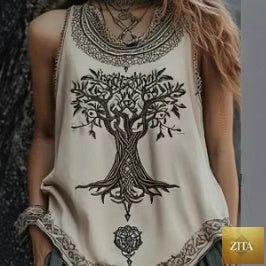 Plus size women's digital print pleated crew-neck tank top by Zita La Belle Elite, streetwear style, shown in a vibrant digital pattern.