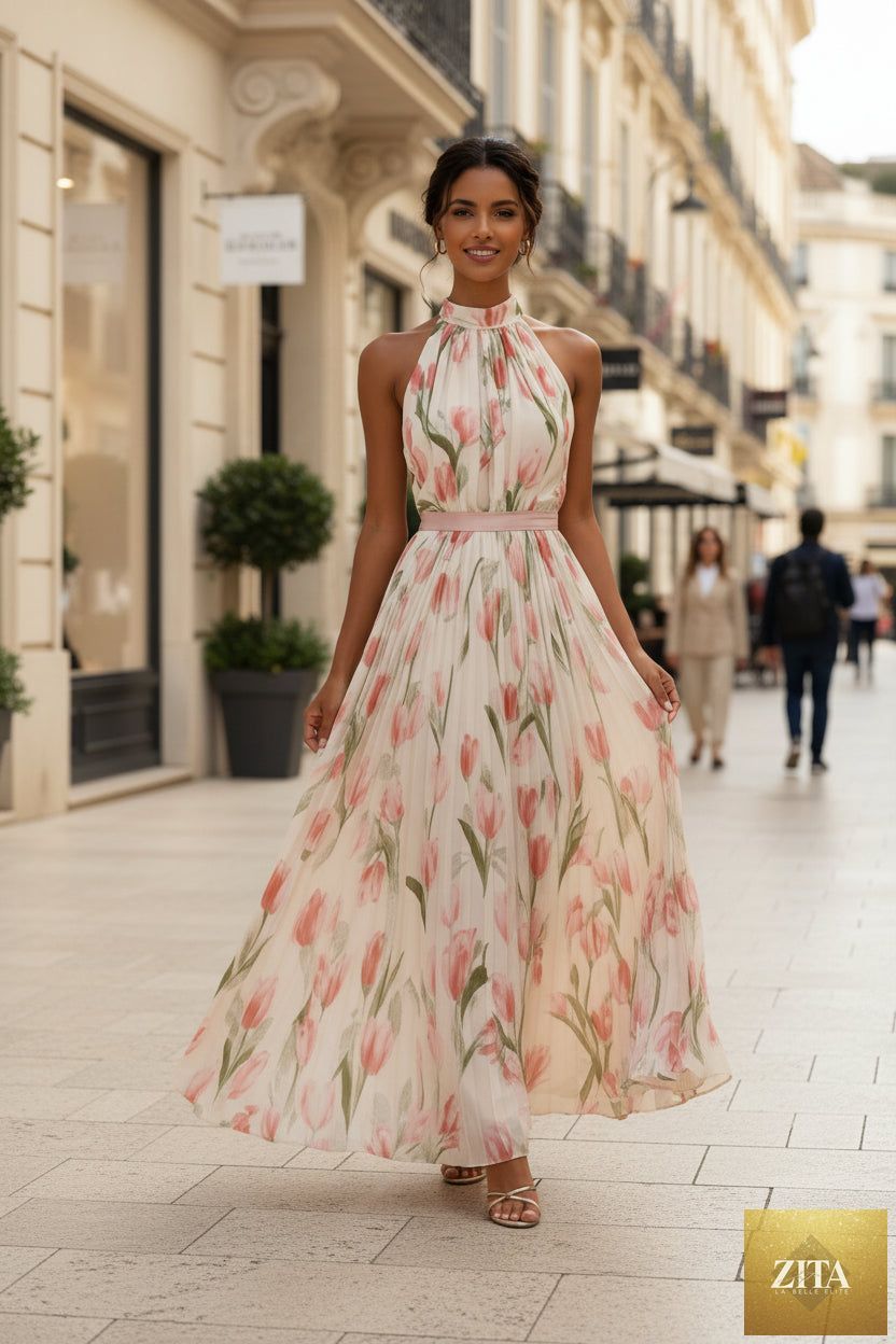 Women's halterneck high-waist swing dress by FitiqueFit featuring floral and solid print casualwear, displayed on a model.