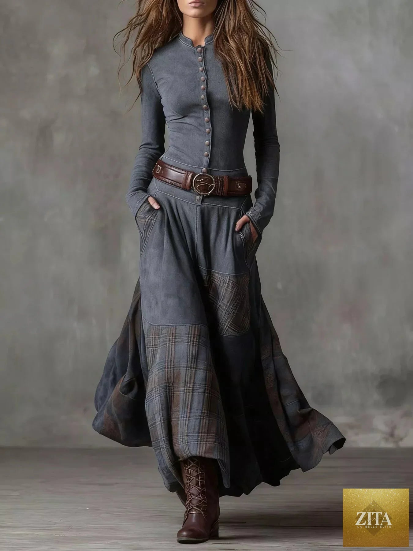 Plaid button-front long sleeve dress by Shopiebay featuring a classic pattern and a stylish, casual design.