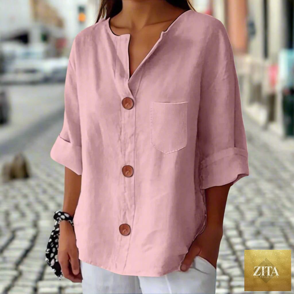 Women’s loose V-neck T-shirt from FitiqueFit, made of cotton linen with button details, casualwear top for comfortable style.