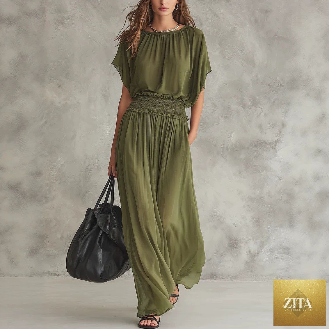 Women's chiffon high-waist ruched maxi dress by FitiqueFit, flowing fabric with gathered details and a flattering silhouette.