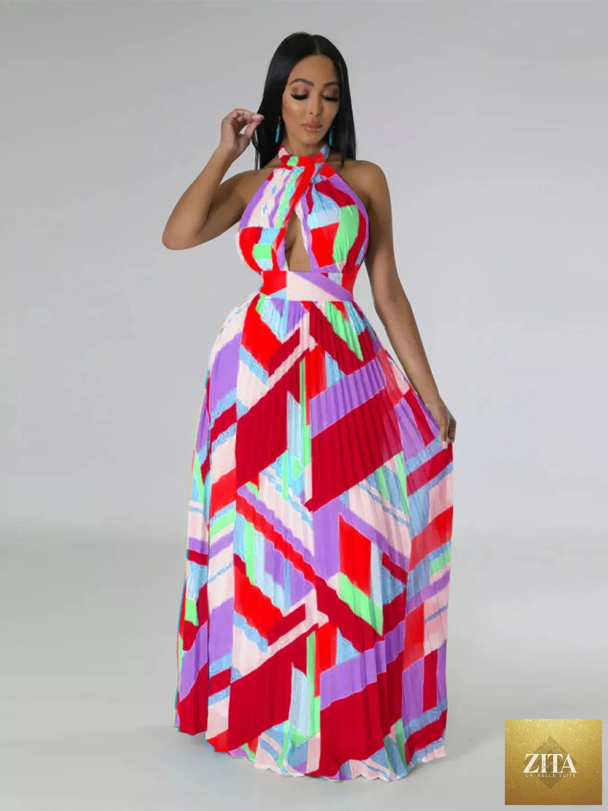 Halter neck geometric print pleated maxi dress from Shopiebay featuring a flowing design and bold pattern.