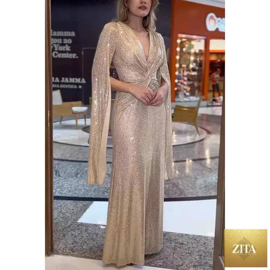 Shimmering women’s sequin formal floor-length evening dress with long sleeves and elegant fit, perfect for special occasions